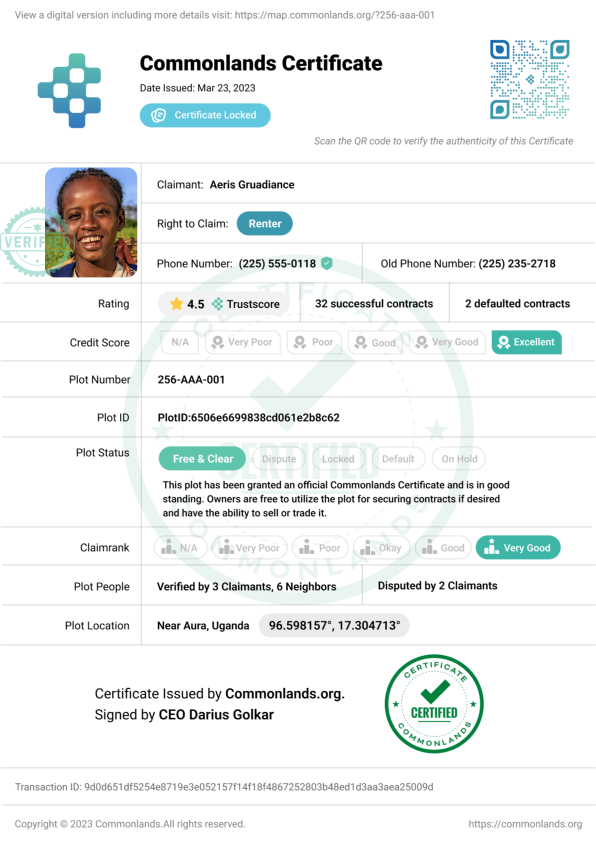 Commonlands Certificate