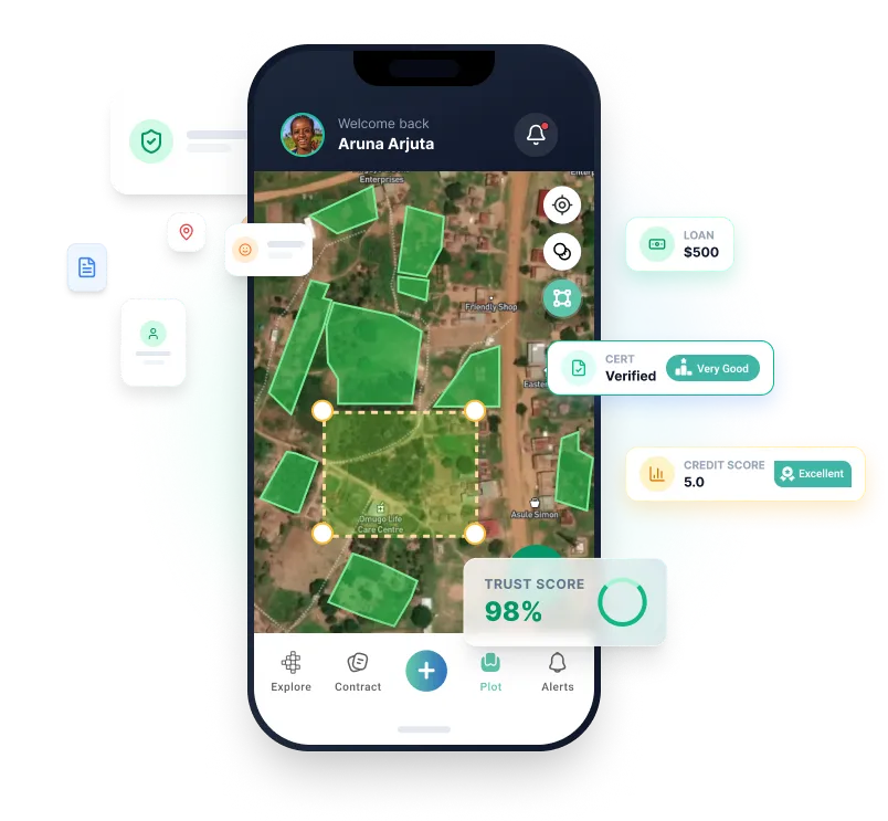 Commonlands App Interface showing map and trust score